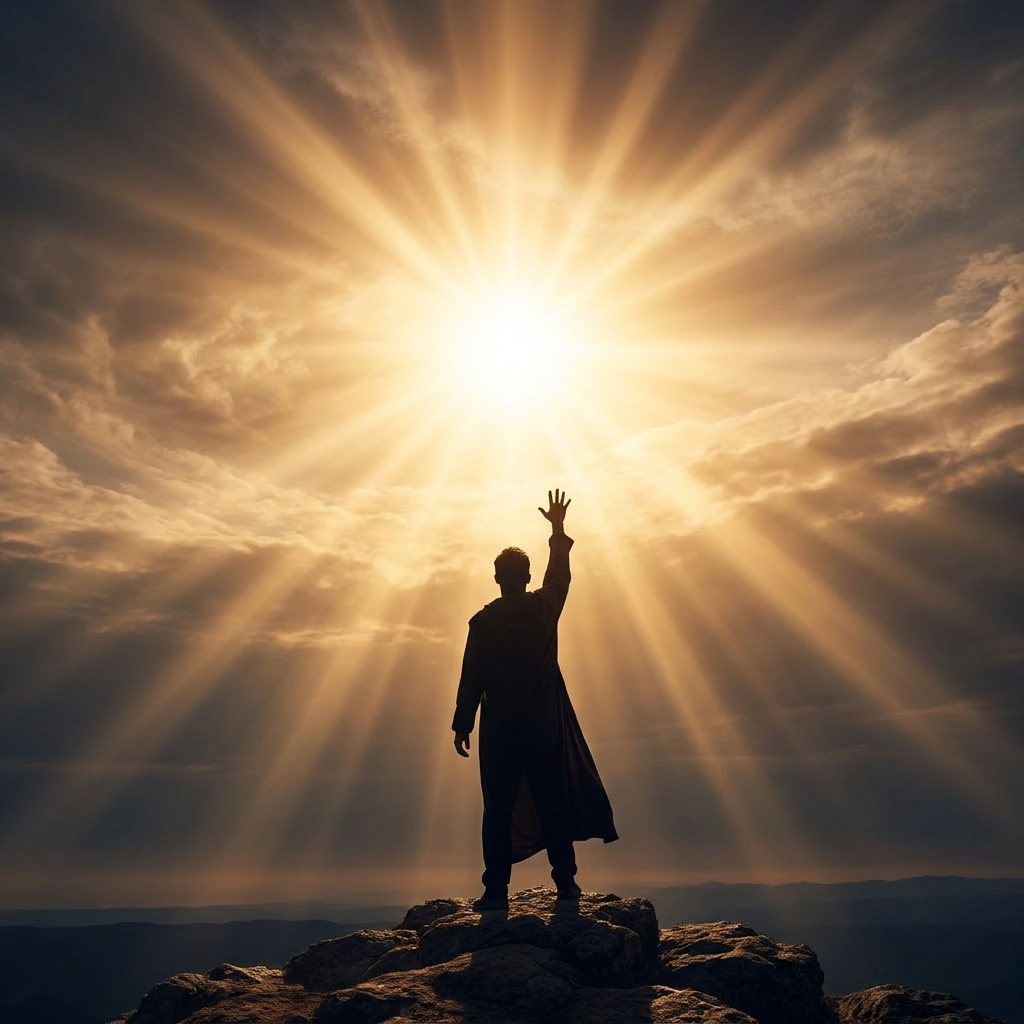Silhouette of a person raising one hand towards bright sun rays breaking through clouds